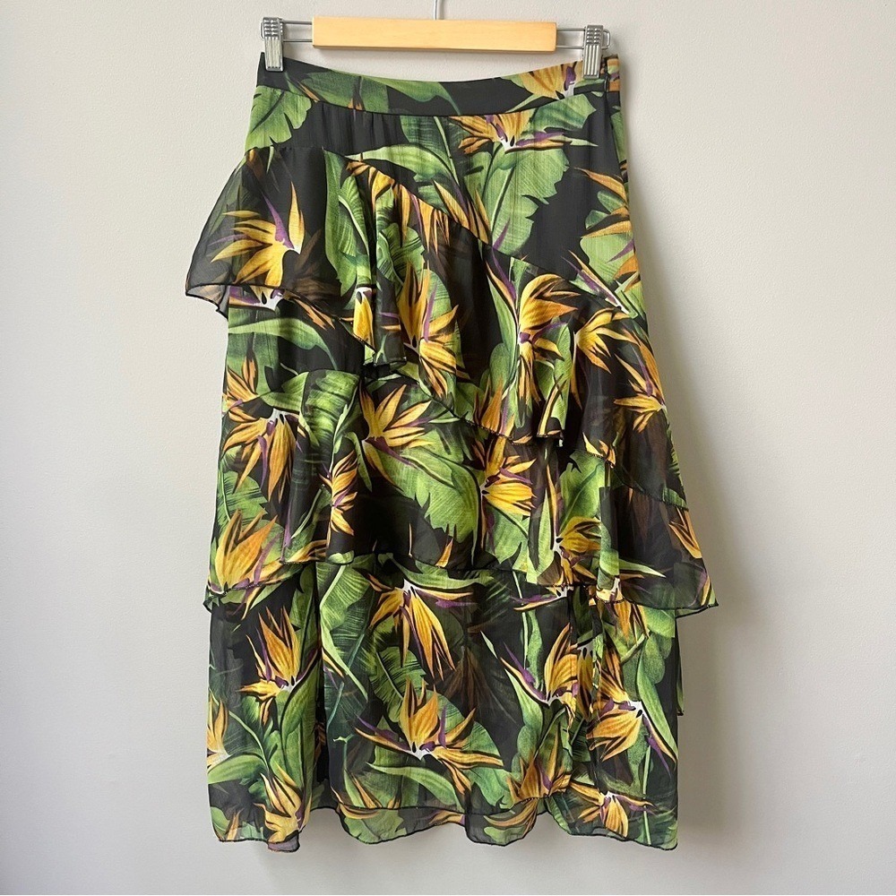 ASOS Skirt Women's 6 NWOT Black Tropical Floral Leaf Ruffles Flowy Tiered Midi